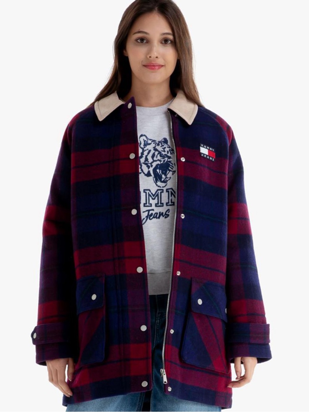 Tommy Jeans Plaid Oversized Jacket Coat Red Navy Check Flag Logo